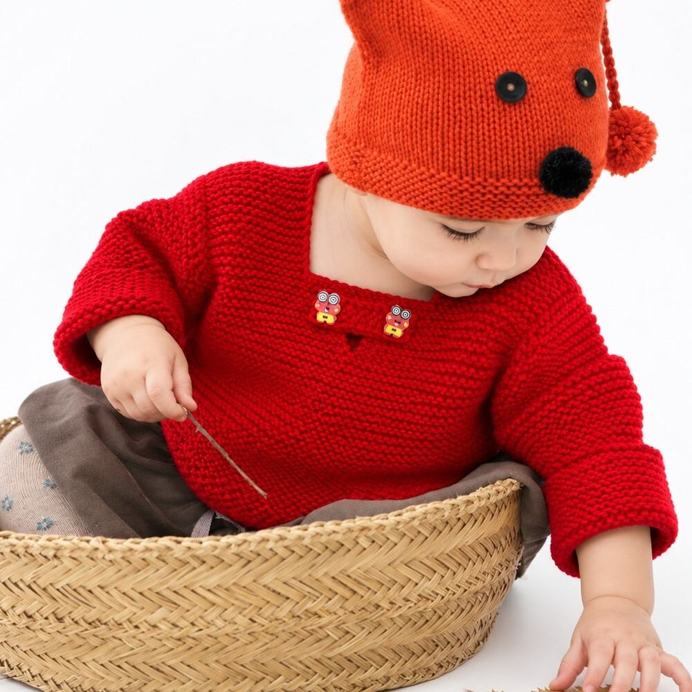 Handmade / Handknit / Handcrafted Baby Sweater 0-6 months Red decorative buttons